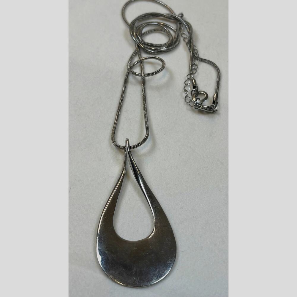 Silver Tone Necklace 32" Teardrop Pendant Snake Chain Rhinestone Accent Extender
